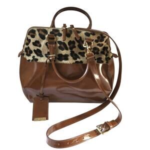 IACUCCI Italy Leather Leopard Haircalf Satchel Bag Brown Gold Hardware